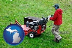 michigan map icon and a lawn mowing service