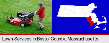 a lawn mowing service; Bristol County highlighted in red on a map