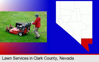 a lawn mowing service; Clark County highlighted in red on a map