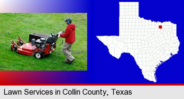 a lawn mowing service; Collin County highlighted in red on a map