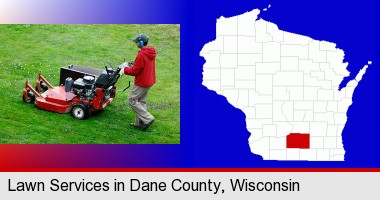 a lawn mowing service; Dane County highlighted in red on a map