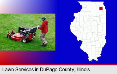 a lawn mowing service; DuPage County highlighted in red on a map