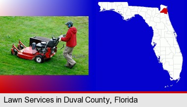 a lawn mowing service; Duval County highlighted in red on a map