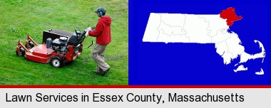 a lawn mowing service; Essex County highlighted in red on a map