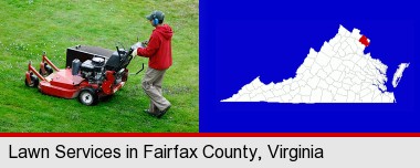 a lawn mowing service; Fairfax County highlighted in red on a map