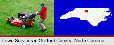 a lawn mowing service; Guilford County highlighted in red on a map