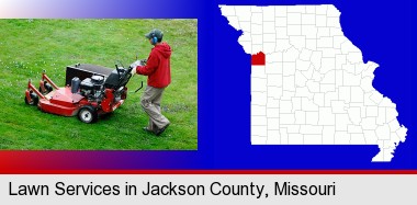 a lawn mowing service; Jackson County highlighted in red on a map