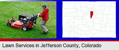 a lawn mowing service; Jefferson County highlighted in red on a map