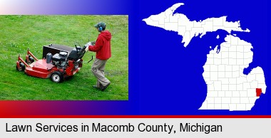 a lawn mowing service; Macomb County highlighted in red on a map