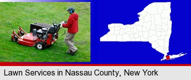 a lawn mowing service; Nassau County highlighted in red on a map