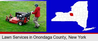 a lawn mowing service; Onondaga County highlighted in red on a map