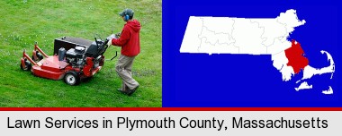 a lawn mowing service; Plymouth County highlighted in red on a map