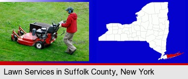 a lawn mowing service; Suffolk County highlighted in red on a map