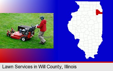 a lawn mowing service; Will County highlighted in red on a map